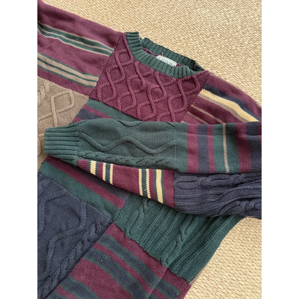 Izod Mens Vintage Patchwork Cable Knit Sweater Cosby grandpa chunky  preppy LG‎
